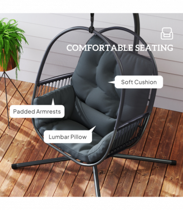 Outsunny Hanging Egg Chair with Stand, Cushions for Garden, Dark Grey