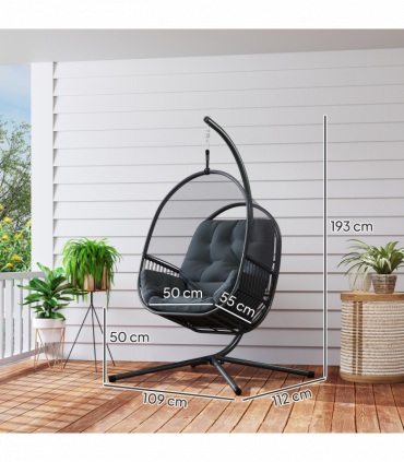 Outsunny Hanging Egg Chair with Stand, Cushions for Garden, Dark Grey