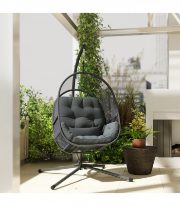 Outsunny Hanging Egg Chair with Stand, Cushions for Garden, Dark Grey