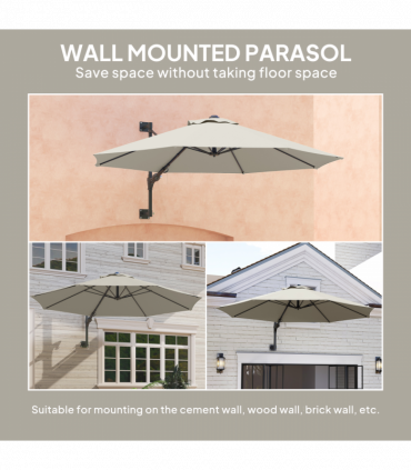 Outsunny Sun Parasol with Vent, Wall Umbrella for Patio, Garden, Pool, Grey