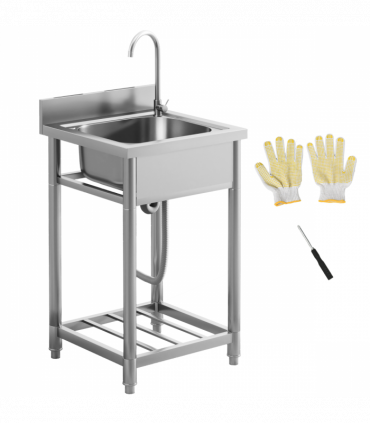 HOMCOM Stainless Steel Utility Sink with Cold and Hot Water Pipe Silver Tone