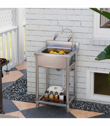 HOMCOM Stainless Steel Utility Sink with Cold and Hot Water Pipe Silver Tone