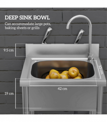 HOMCOM Stainless Steel Utility Sink with Cold and Hot Water Pipe Silver Tone