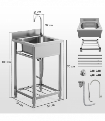 HOMCOM Stainless Steel Utility Sink with Cold and Hot Water Pipe Silver Tone