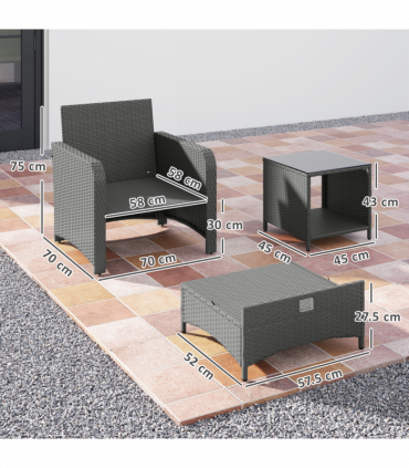 Outsunny Wicker Patio Conversation Set with 2 Armchairs and 6 Cushions Grey