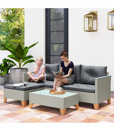 Outsunny L Shaped Garden Conversation Chaise Lounge Furniture, Charcoal Grey