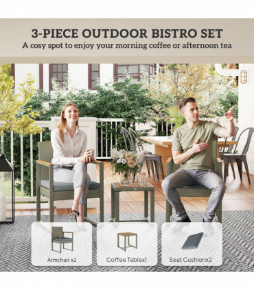 Outsunny 3-Piece Rattan Bistro Set with Acacia Wood Table, Grey