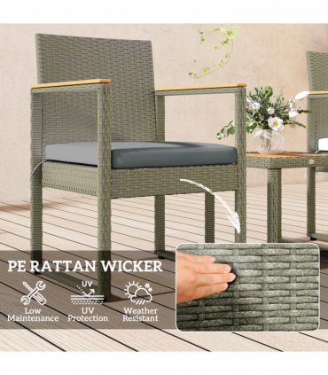 Outsunny 3-Piece Rattan Bistro Set with Acacia Wood Table, Grey