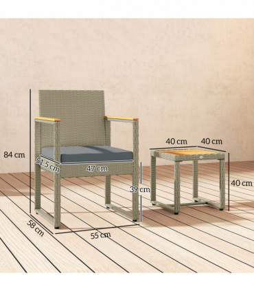 Outsunny 3-Piece Rattan Bistro Set with Acacia Wood Table, Grey