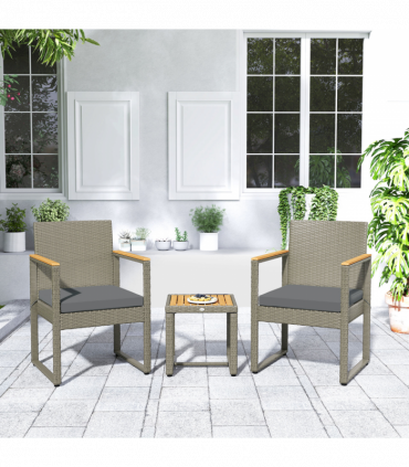 Outsunny 3-Piece Rattan Bistro Set with Acacia Wood Table, Grey