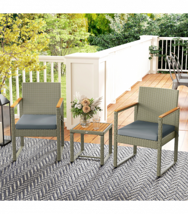 Outsunny 3-Piece Rattan Bistro Set with Acacia Wood Table, Grey