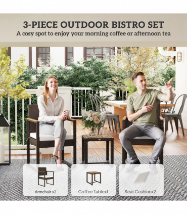 Outsunny 3-Piece Rattan Bistro Set with Acacia Wood Table, White