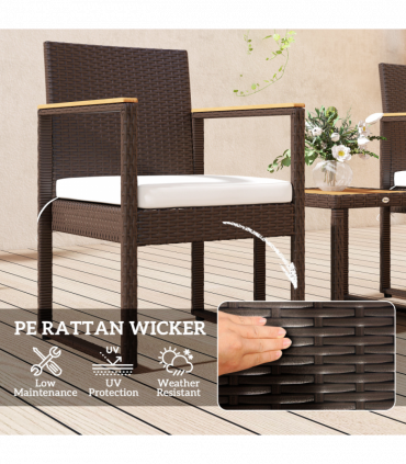 Outsunny 3-Piece Rattan Bistro Set with Acacia Wood Table, White