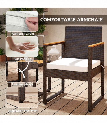 Outsunny 3-Piece Rattan Bistro Set with Acacia Wood Table, White