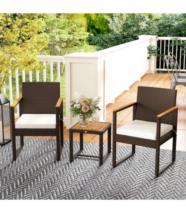 Outsunny 3-Piece Rattan Bistro Set with Acacia Wood Table, White