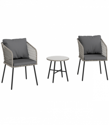 Outsunny 3 Piece Rattan Bistro Set with Cushions, Grey