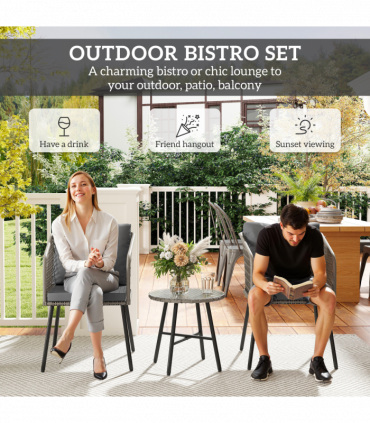 Outsunny 3 Piece Rattan Bistro Set with Cushions, Grey