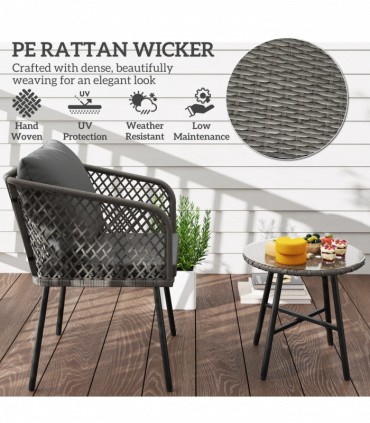 Outsunny 3 Piece Rattan Bistro Set with Cushions, Grey