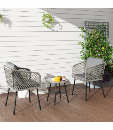 Outsunny 3 Piece Rattan Bistro Set with Cushions, Grey