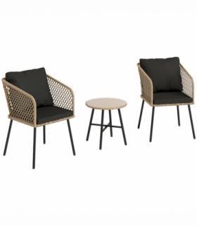 Outsunny 3 Piece Rattan Bistro Set with Cushions, Nature Wood Finish