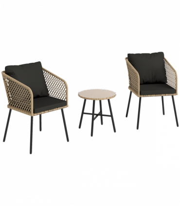 Outsunny 3 Piece Rattan Bistro Set with Cushions, Nature Wood Finish