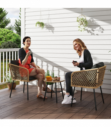 Outsunny 3 Piece Rattan Bistro Set with Cushions, Nature Wood Finish