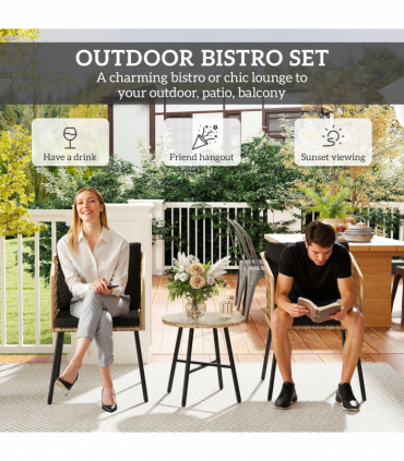 Outsunny 3 Piece Rattan Bistro Set with Cushions, Nature Wood Finish