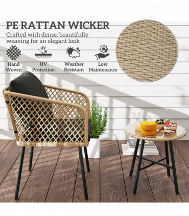 Outsunny 3 Piece Rattan Bistro Set with Cushions, Nature Wood Finish