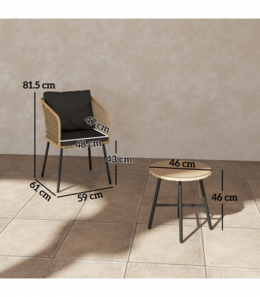 Outsunny 3 Piece Rattan Bistro Set with Cushions, Nature Wood Finish