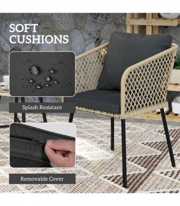 Outsunny 3 Piece Rattan Bistro Set with Cushions, Nature Wood Finish