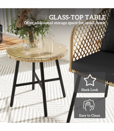 Outsunny 3 Piece Rattan Bistro Set with Cushions, Nature Wood Finish