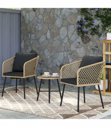 Outsunny 3 Piece Rattan Bistro Set with Cushions, Nature Wood Finish