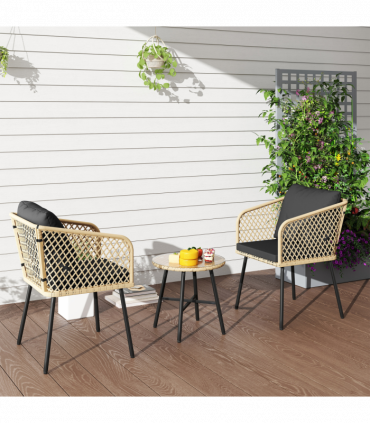 Outsunny 3 Piece Rattan Bistro Set with Cushions, Nature Wood Finish