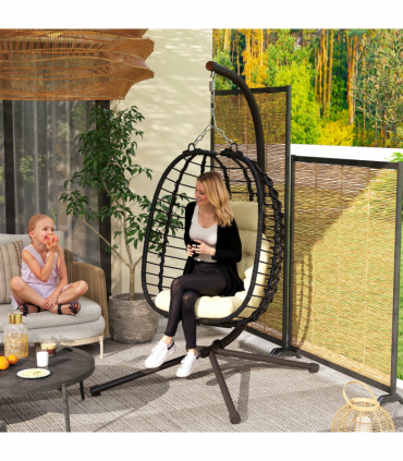 Outsunny Rattan Hanging Egg Chair w/ Stand, Cushion, Headrest, Cream White