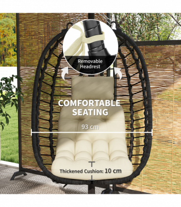 Outsunny Rattan Hanging Egg Chair w/ Stand, Cushion, Headrest, Cream White