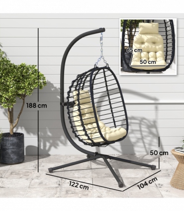 Outsunny Rattan Hanging Egg Chair w/ Stand, Cushion, Headrest, Cream White