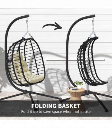 Outsunny Rattan Hanging Egg Chair w/ Stand, Cushion, Headrest, Cream White