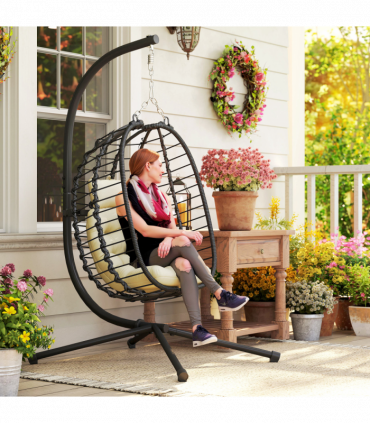 Outsunny Rattan Hanging Egg Chair w/ Stand, Cushion, Headrest, Cream White