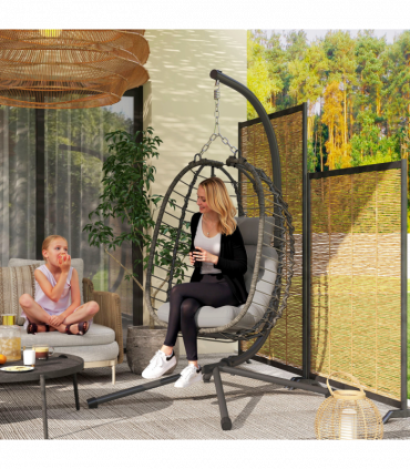 Outsunny Rattan Hanging Egg Chair w/ Stand, Cushion, Headrest, Light Grey