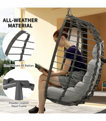 Outsunny Rattan Hanging Egg Chair w/ Stand, Cushion, Headrest, Light Grey