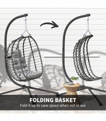 Outsunny Rattan Hanging Egg Chair w/ Stand, Cushion, Headrest, Light Grey
