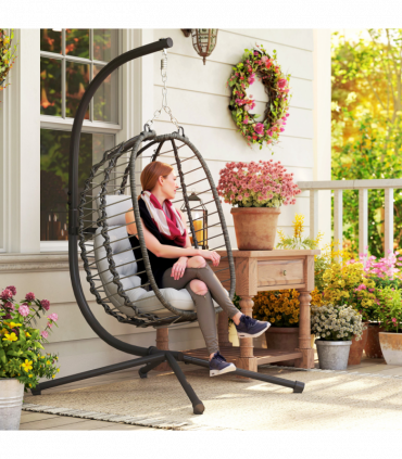 Outsunny Rattan Hanging Egg Chair w/ Stand, Cushion, Headrest, Light Grey