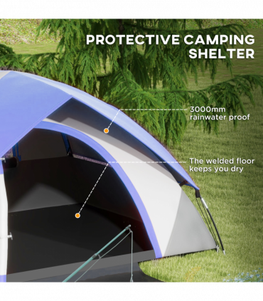 Outsunny 2 Man Camping Tent w/ Sewn-in Groundsheet, 3000mm Waterproof, Blue