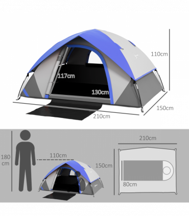 Outsunny 2 Man Camping Tent w/ Sewn-in Groundsheet, 3000mm Waterproof, Blue