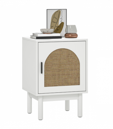 HOMCOM Boho Bedside Table with Rattan Door and Adjustable Shelf, White