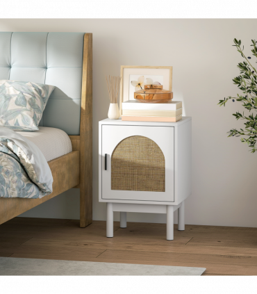 HOMCOM Boho Bedside Table with Rattan Door and Adjustable Shelf, White