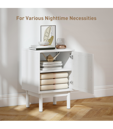 HOMCOM Boho Bedside Table with Rattan Door and Adjustable Shelf, White