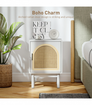 HOMCOM Boho Bedside Table with Rattan Door and Adjustable Shelf, White