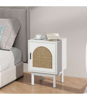 HOMCOM Boho Bedside Table with Rattan Door and Adjustable Shelf, White