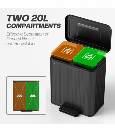 HOMCOM 2 x 20L Double Rubbish Bin, Pedal Bin with Soft-Close Lid, Black